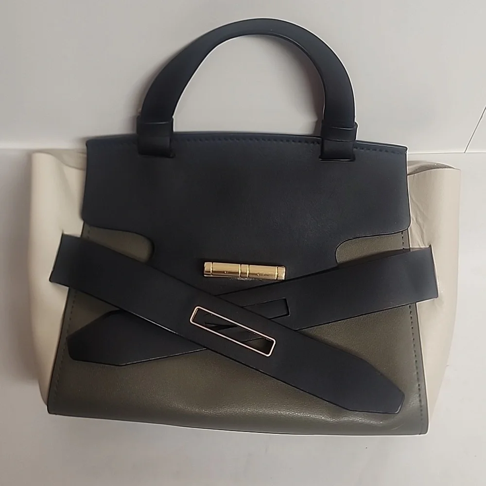 Rare ZAC Zac Posen Leather Cowhide Brigette Black, Taupe & Cream Belted Satchel